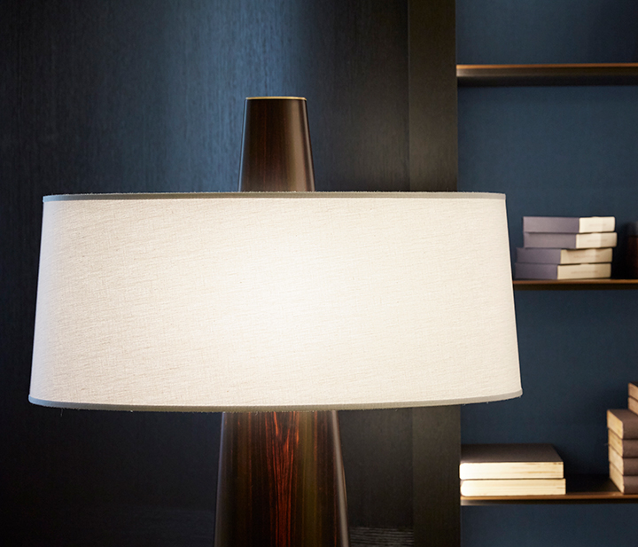 Detail of Fosca, a floor wooden LED lamp with a bronze base and a cotton, linen or hand-embroidered silk lampshade, from Promemoria's catalogue | Promemoria