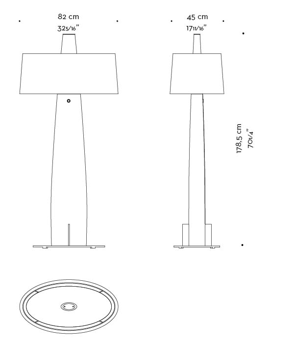 Dimensions of Fosca, a floor wooden LED lamp with a bronze base and a cotton, linen or hand-embroidered silk lampshade, from Promemoria's catalogue | Promemoria