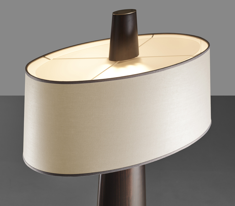 Bronze base detail of Fosca, a floor wooden LED lamp with a cotton, linen or hand-embroidered silk lampshade, from Promemoria's catalogue | Promemoria
