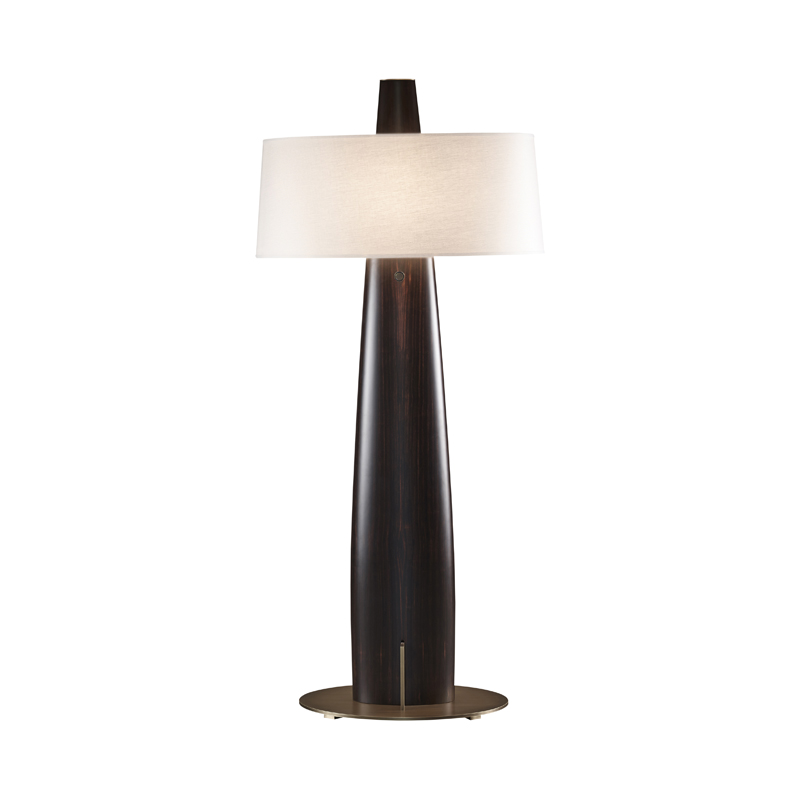 Fosca is a floor wooden LED lamp with a bronze base and a cotton, linen or hand-embroidered silk lampshade, from Promemoria's catalogue | Promemoria
