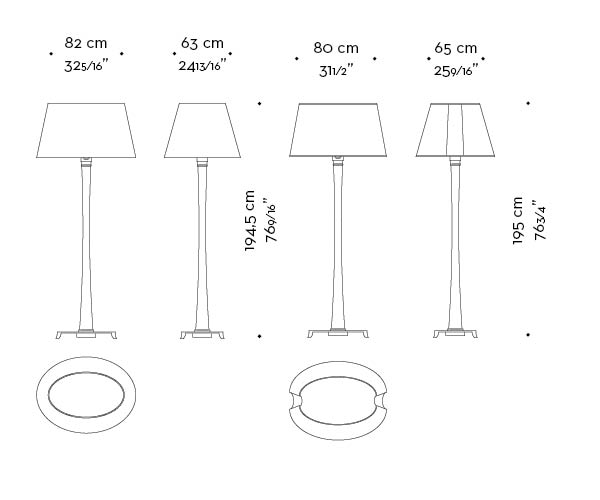 Dimensions of Georges, lampada da terra a LED con struttura in legno, base in bronzo e paralume con rientranze, del catalogo di Promemoria | Promemoria