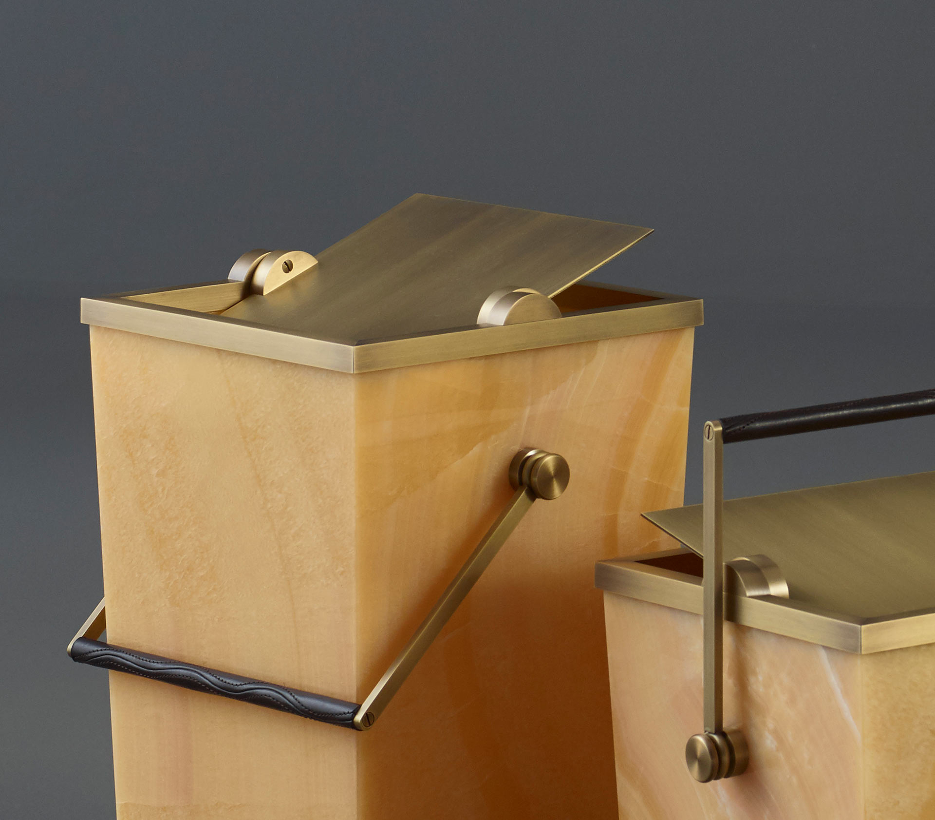 Hara is a floor wireless LED lamp shaped like a bucket with a bronze handle covered in leather, from Promemoria | Promemoria
