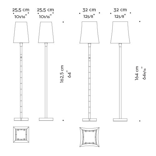 Dimensions of Ida, lampada da terra a LED in wengé con dettaglio in bronzo e paralume in lino, cotone o seta bordata a mano, del catalogo di Promemoria | Promemoria