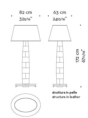 Dimensions of Pia, a floor LED lamp with wooden or leather structure, base n bronze or covered in leather and a hand-embroidered lampshade, from Promemoria's catalogue | Promemoria
