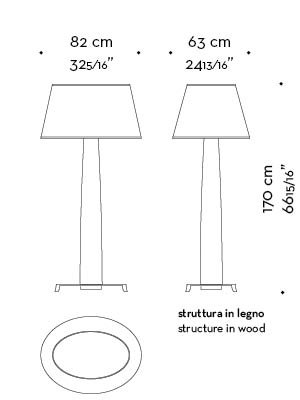 Dimensions of Pia, a floor LED lamp with wooden or leather structure, base n bronze or covered in leather and a hand-embroidered lampshade, from Promemoria's catalogue | Promemoria