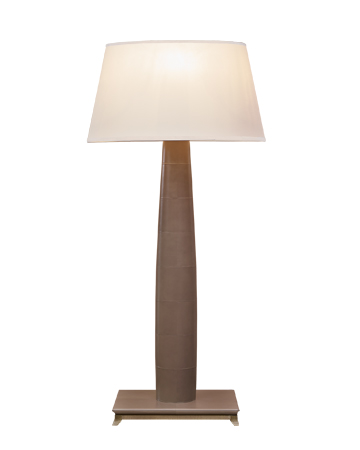 Pia is a floor LED lamp with wooden or leather structure, base n bronze or covered in leather and a hand-embroidered lampshade, from Promemoria's catalogue | Promemoria