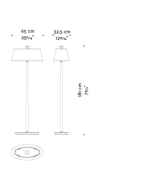 Dimensions of Rita, a floor LED lamp with a wooden strucutre, a bronze base and a linen, cotton or hand-embroidered silk lampashade, from Promemoria's catalogue | Promemoria