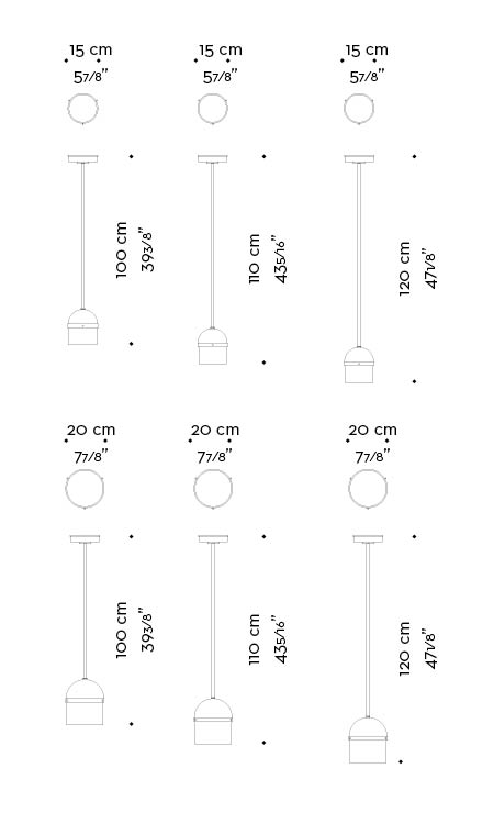 Dimensions of Ombretta, a bronze hanging LED lamp with linen, cotton or silk lampshades, from Promemoria's catalogue | Promemoria