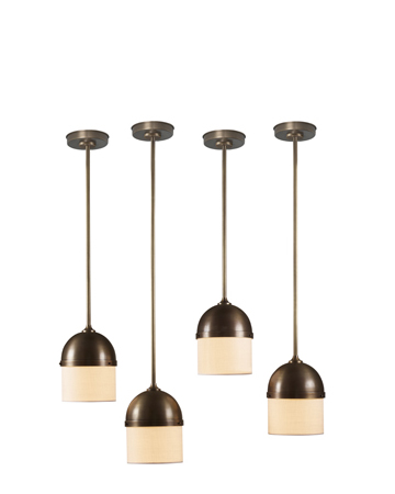 Ombretta is a bronze hanging LED lamp with linen, cotton or silk lampshades, from Promemoria's catalogue | Promemoria