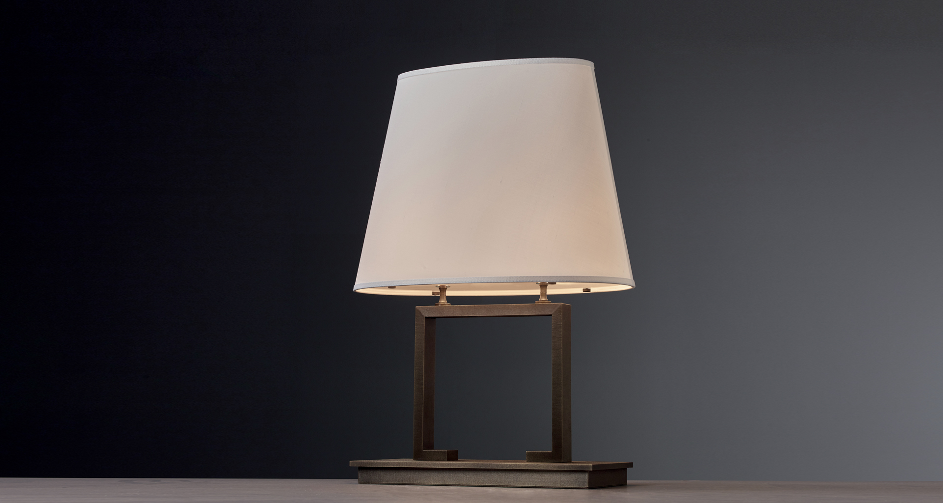 Agatha is a table LED lamp, with bronze structure and linen, cotton or hand-embroidered silk lampshade, from Promemoria | Promemoria