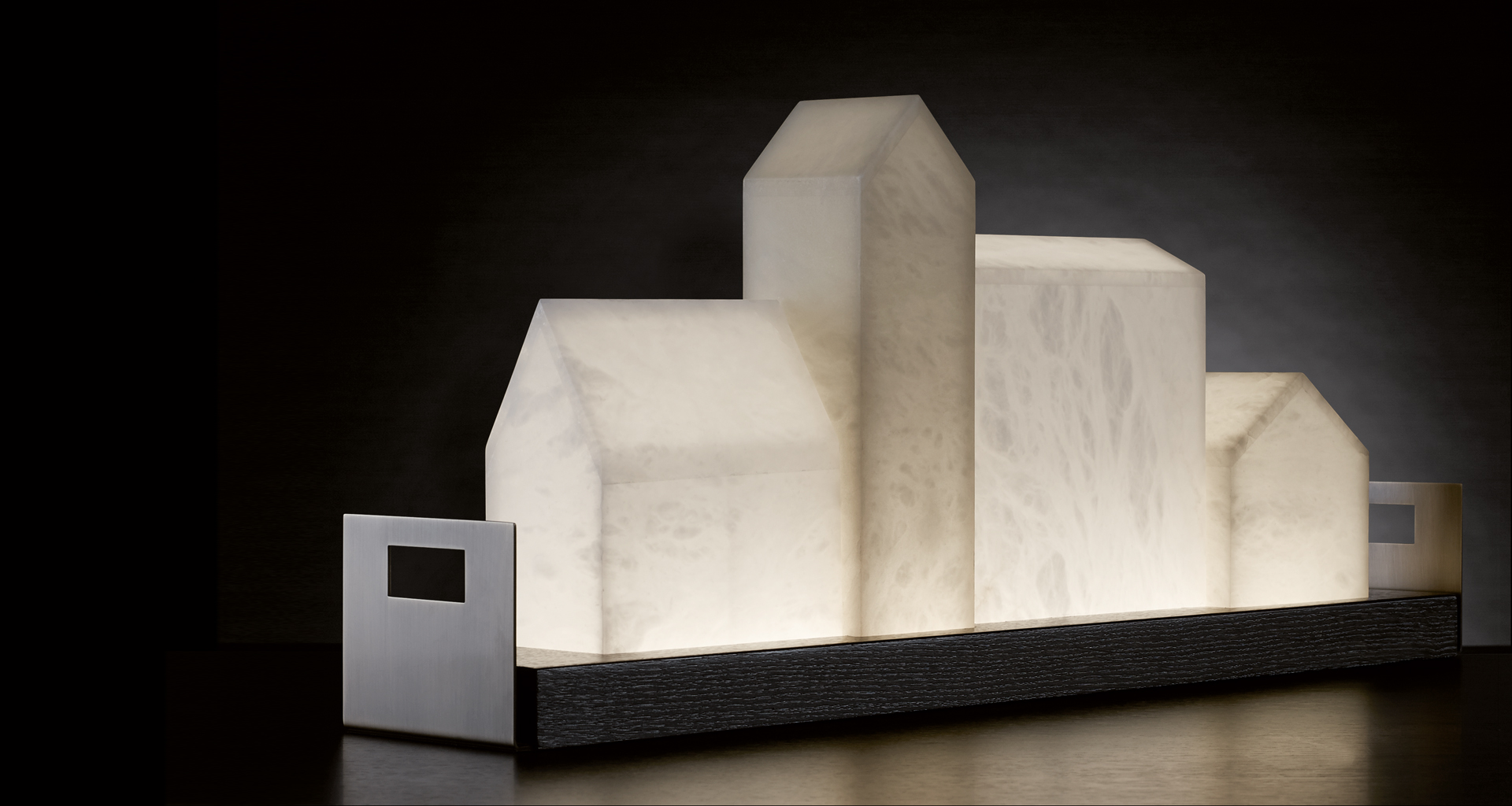 Casetta is a table LED lamp with a wooden base, bronze handles and alabaster structure, from Promemoria's catalogue | Promemoria