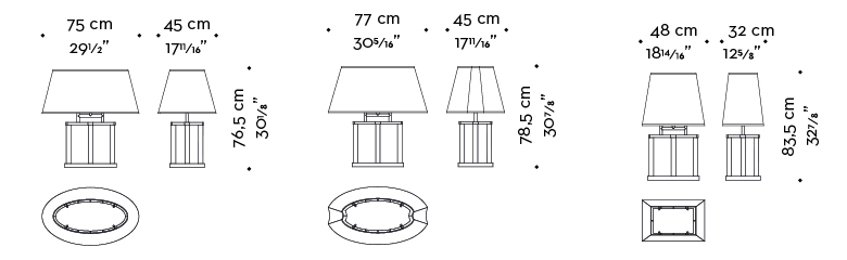 Dimensioni di Catherine, lampada da tavolo a LED con struttura in bronzo e paralume ovale, rettangolare o con rientranze in lino, cotone o seta con bordo fatto a mano, del catalogo di Promemoria | Promemoria