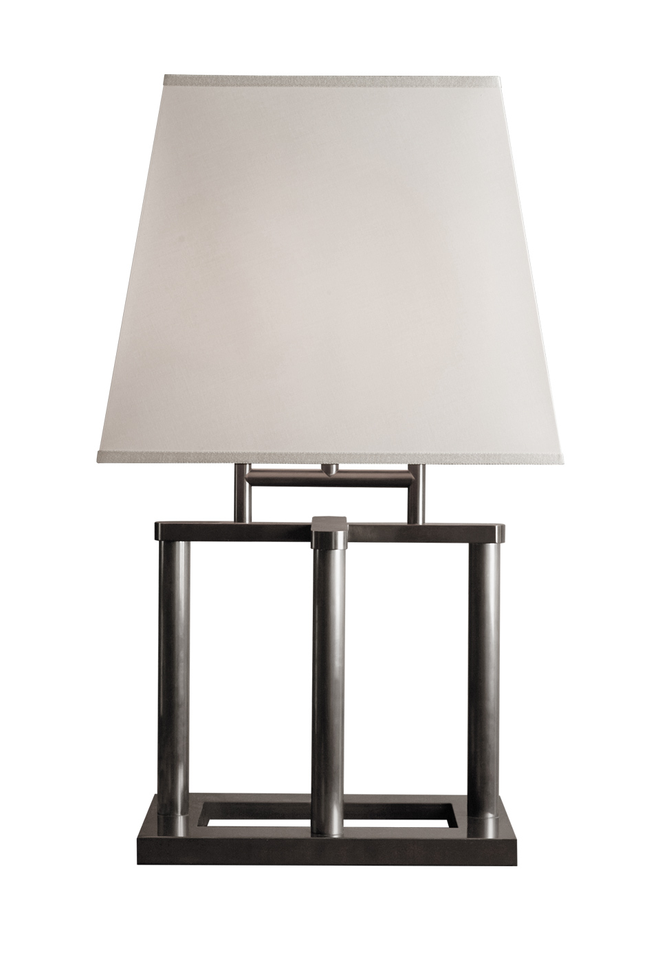 Catherine is a table LED lamp with bronze structure and oval or rectangular lampshade or with linen, cotton or silk with handmade edge recesses, from Promemoria's catalogue | Promemoria