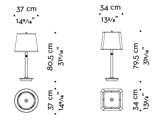 Dimensions of Cecile, a table LED lamp with bronze structure, linen, cotton or hand-broidered silk lampshade and methacrylate diffusers, from Promemoria's catalogue | Promemoria