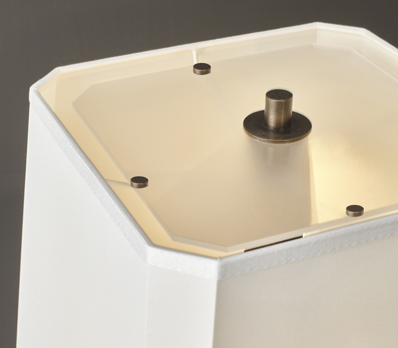 Detail of Cecile, a table LED lamp with bronze structure, linen, cotton or hand-broidered silk lampshade and methacrylate diffusers, from Promemoria's catalogue | Promemoria