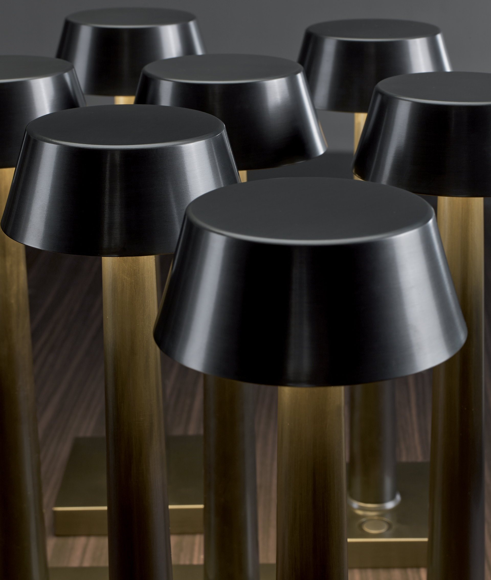 Fiammetta is a portable table LED lamp with bronze structure and touch switch, from Promemoria's catalogue | Promemoria