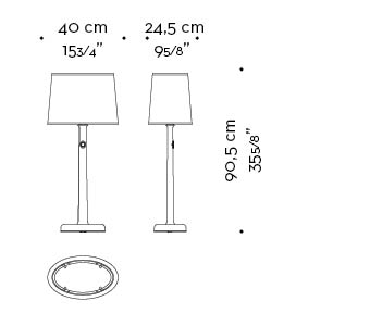 Dimensions of Françoise, a table LED lamp with bronze structure and linen, cotton or hand-broidered silk lampshade, from Promemoria's catalogue | Promemoria