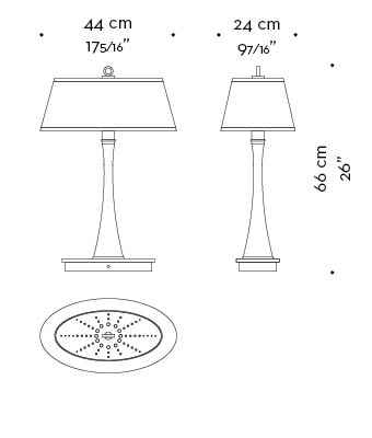 Dimensions of Geraldine, a table LED lamp with wooden structure, bronze base and linen, cotton or hand-embroidered silk lampshade from Promemoria's catalogue | Promemoria