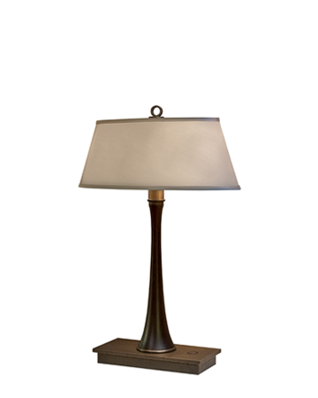 Geraldine is a table LED lamp with wooden structure, bronze base and linen, cotton or hand-embroidered silk lampshade from Promemoria's catalogue | Promemoria