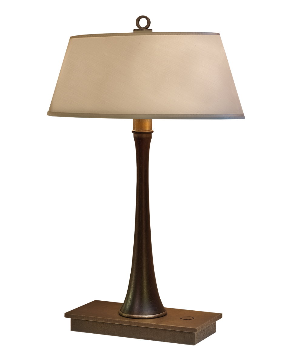 Geraldine is a table LED lamp with wooden structure, bronze base and linen, cotton or hand-embroidered silk lampshade from Promemoria's catalogue | Promemoria