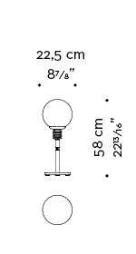 Dimensions of Higgs, a table LED lamp in metal with Murano glass diffuser availble in several colors, designed by Castglioni from Promemoria's catalogue | Promemoria
