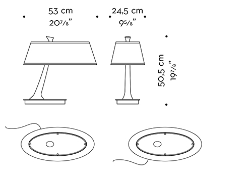 Dimensioni di Lillì, lampada da tavolo a LED con struttura in bronzo e paralume in lino, cotone o seta bordata a mano, del catalogo di Promemoria | Promemoria