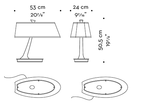 Dimensioni di Lillì, lampada da tavolo a LED con struttura in bronzo e paralume in lino, cotone o seta bordata a mano, del catalogo di Promemoria | Promemoria