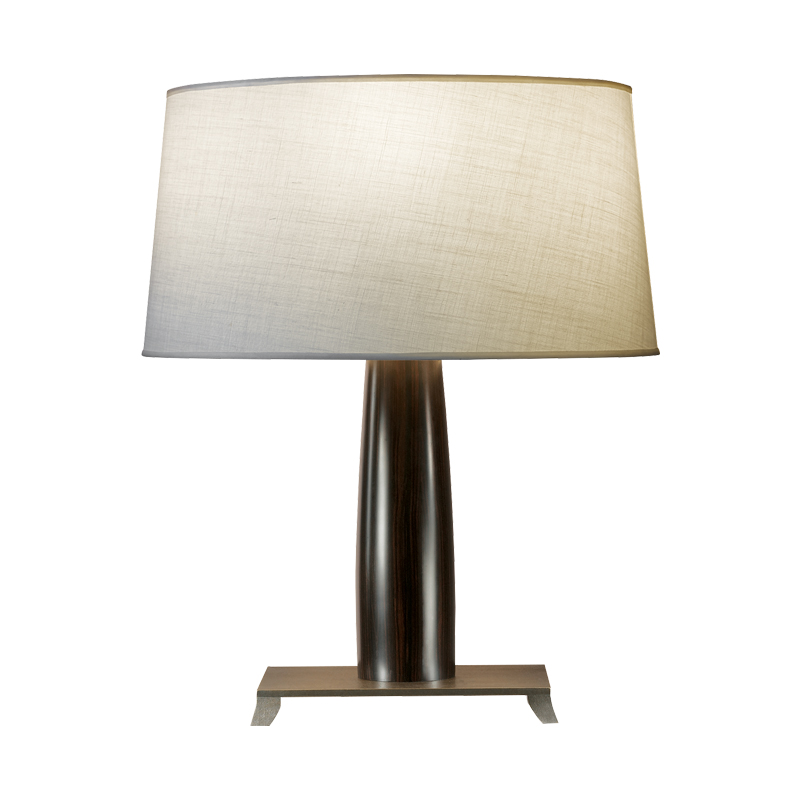 Pia is a table LED lamp with wooden structure or covered in leaher with a bronze base and hand-embroidered lampshade, from Promemoria's catalogue | Promemoria