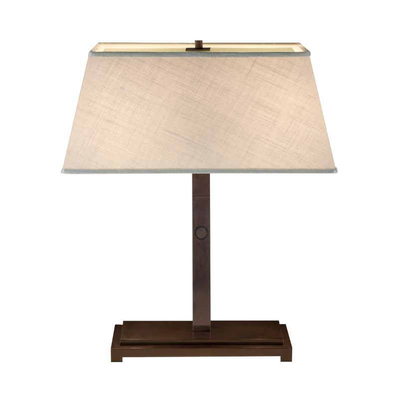 Warry Bronzo is a table LED lamp with bronze structure and linen, cotton or hand-embroidered silk lampshade, from Promemoria's catalogue | Promemoria