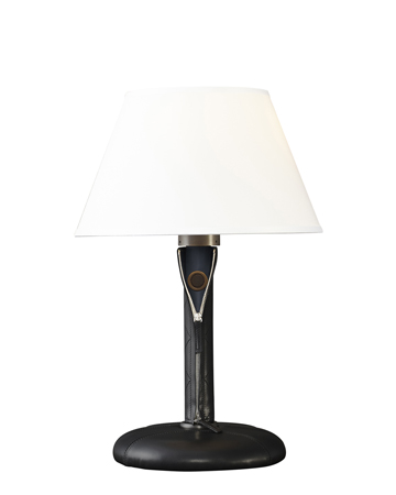 Zip is a table LED lamp with wooden structure or covered in leather and fabric with bronze details and linen, cotton or silk lampshade with handmade edge, from Promemoria's catalogue | Promemoria