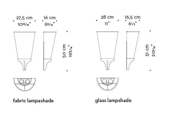 Dimensions of Cleo, a wall bronze lamp, with a linen, cotton or hand-embroidered silk lampshade, from Promemoria's catalogue | Promemoria