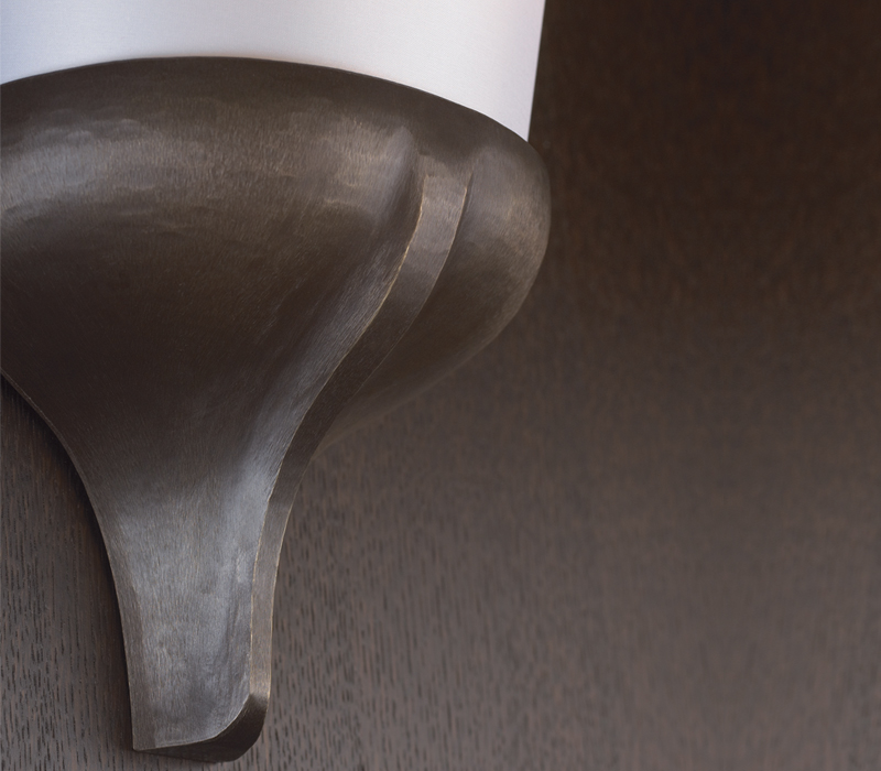 Cleo is a wall bronze lamp, with a linen, cotton or hand-embroidered silk lampshade, from Promemoria's catalogue | Promemoria