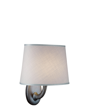 Françoise is a wall bronze LED lamp with a linen or cotton lampshade or with handmade edge, from Promemoria's catalogue | Promemoria