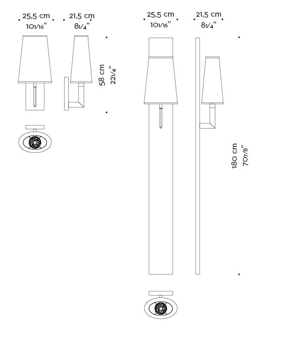 Dimensions of Rosa, is a wall bronze LED lamp with a linen, cotton or silk lampshade with handmade edge, from Promemoria's catalogue | Promemoria