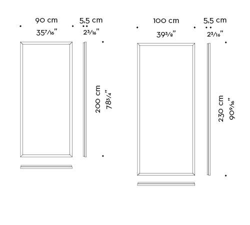 Dimensions of Orfeo, a wall mirror with a bronze structure, from the Promemoria's catalogue | Promemoria