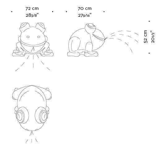 Dimensions of Rana Fontana, a bronze fountain shaped like a frog, Promemoria's mascot, from Promemoria's catalogue | Promemoria