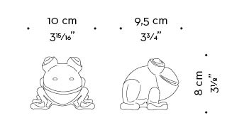 Dimensions of Rana in Metallo, a metal frog, Promemoria's mascot, available in several different types of metal, from Promemoria's catalogue | Promemoria
