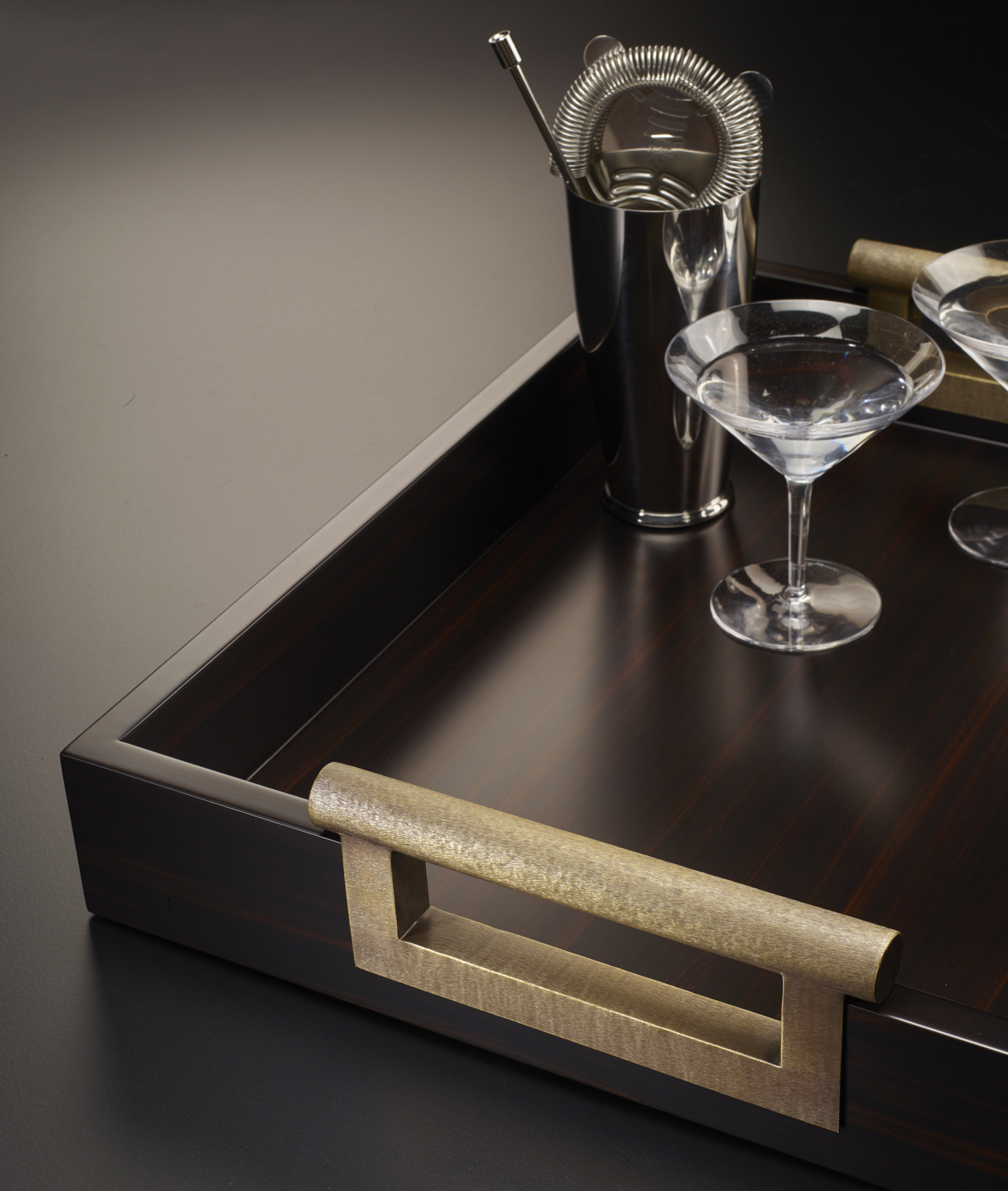 Alfred is a wooden tray with bronze handles, from Promemoria's catalogue | Promemoria