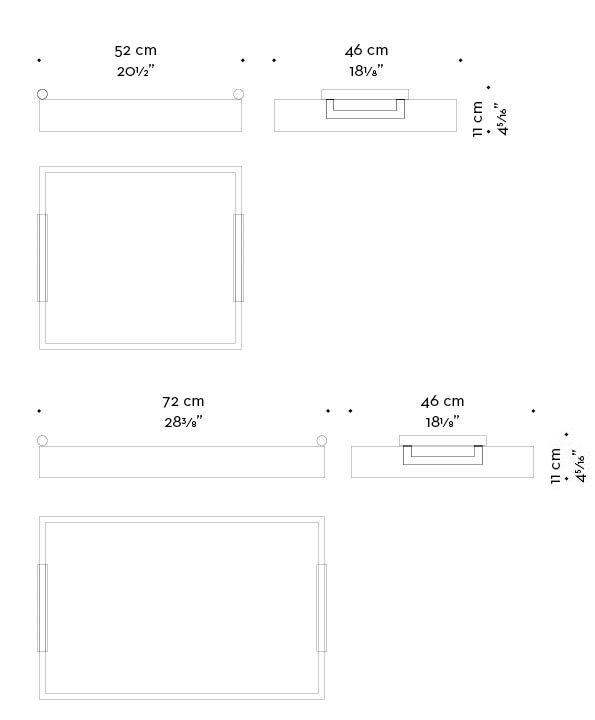 Dimensions of Alfred, a wooden tray with bronze handles, from Promemoria's catalogue | Promemoria