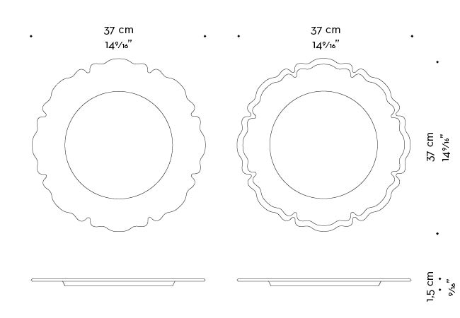 Dimensions of Ibisco, a leather or velvet underplate shaped like a flower, from Promemoria's catalogue | Promemoria