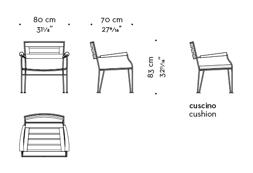 Dimensioni di Cernobbio, poltrona per esterni in bronzo e legno, con cuscino in tessuto, del catalogo da esterni di Promemoria | Promemoria