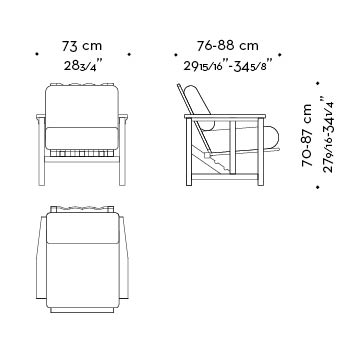 Dimensions of Tremezzo, an outdoor reclining wooden armchair with removable fabric or leather cushion, from Promemoria's outdoor catalogue | Promemoria