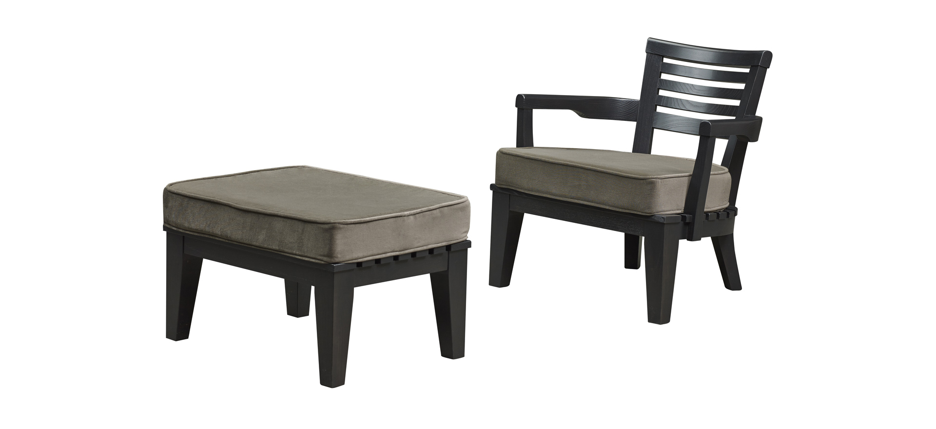 Varenna is an outdoor wooden armchair with a fabric cushion from Promemoria's outdoor catalogue | Promemoria