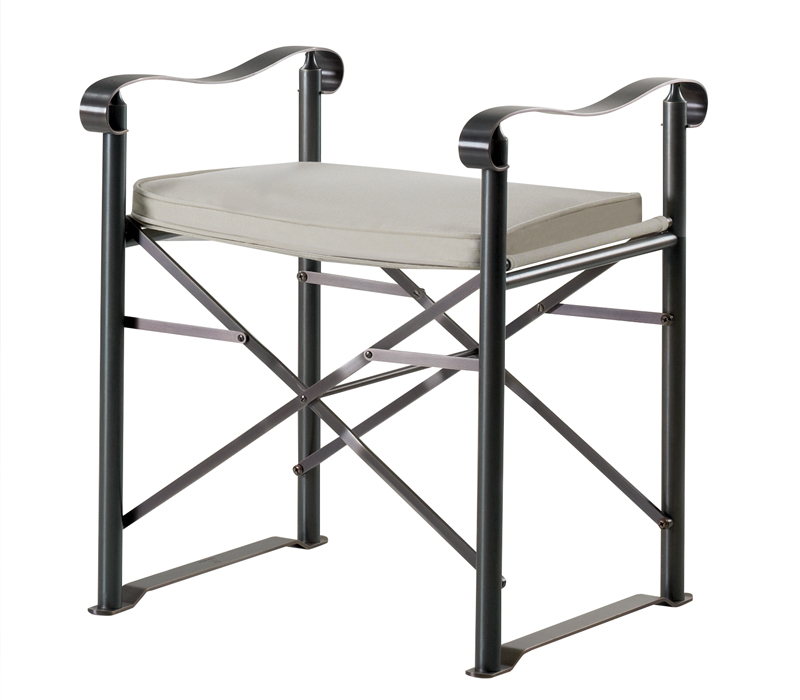 Quentin is a veranda folding chair and bench in bronze and covered in fabric, from Promemoria's outdoor catalogue | Promemoria
