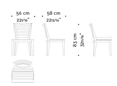 Dimensions of Varenna, an outdoor wooden chair with or withour armrests and fabric cushion, from Promemoria's outdoor catalogue | Promemoria