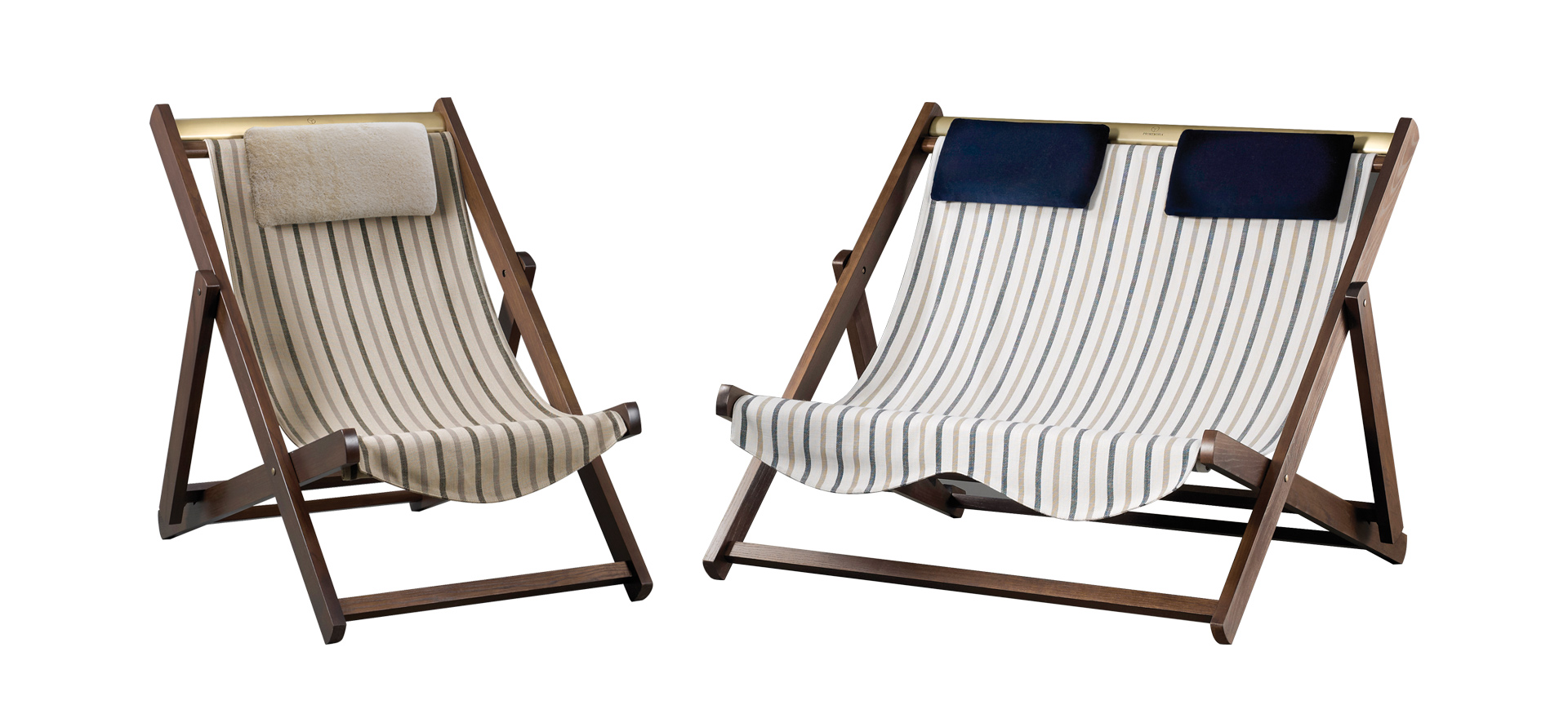Menaggio is an outdoor wooden deckchair, covered in fabric or leather with bronze details, from Promemoria's outdoor catalogue | Promemoria