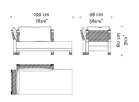 Dimensions of Moltrasio, an outdoor wooden chaise longue-dormeuse covered in fabric or leather with bronze details, from Promemoria's outdoor catalogue | Promemoria