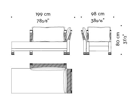 Dimensions of Moltrasio, an outdoor wooden chaise longue-dormeuse covered in fabric or leather with bronze details, from Promemoria's outdoor catalogue | Promemoria
