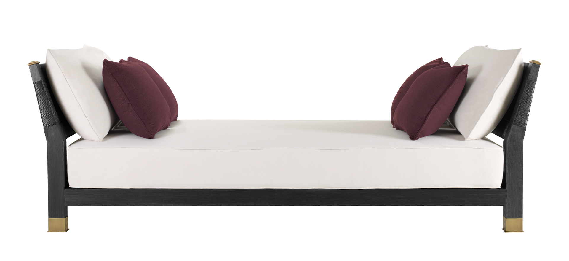 Moltrasio is an outdoor wooden chaise longue-dormeuse covered in fabric or leather with bronze details, from Promemoria's outdoor catalogue | Promemoria