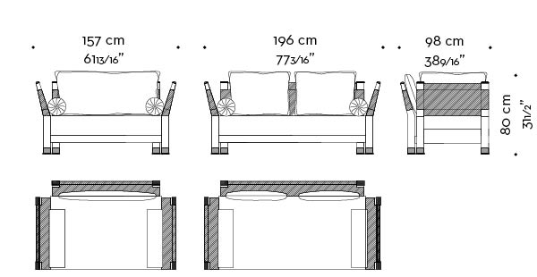 Dimensions of Moltrasio, outdoor wooden sofa with bronze feet and details, from Promemoria's outdoor catalogue | Promemoria